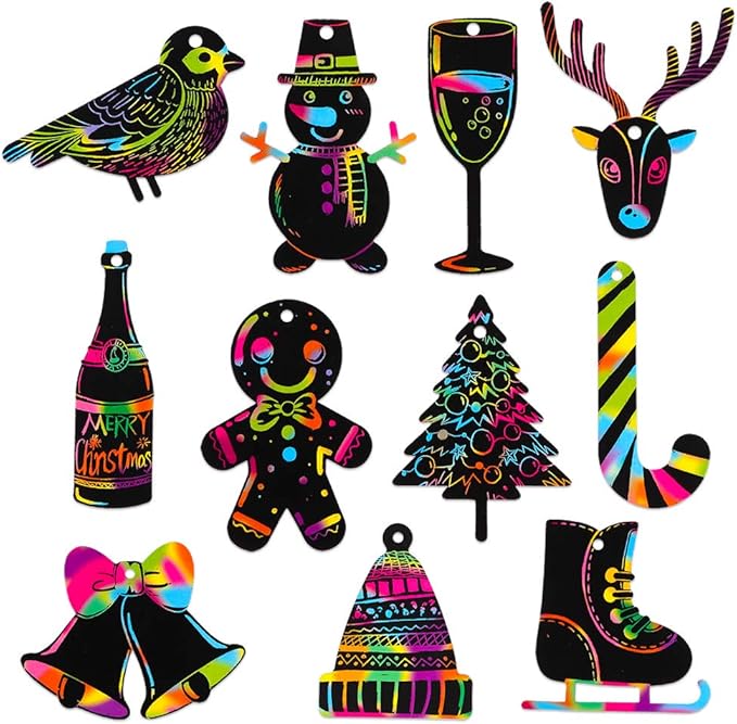 XJF Christmas Scratch Paper Ornaments, 22pcs Christmas Scratch Art Paper for Kids Toddlers Party and Xmas Tree Decoration Gift Tags Supplies
