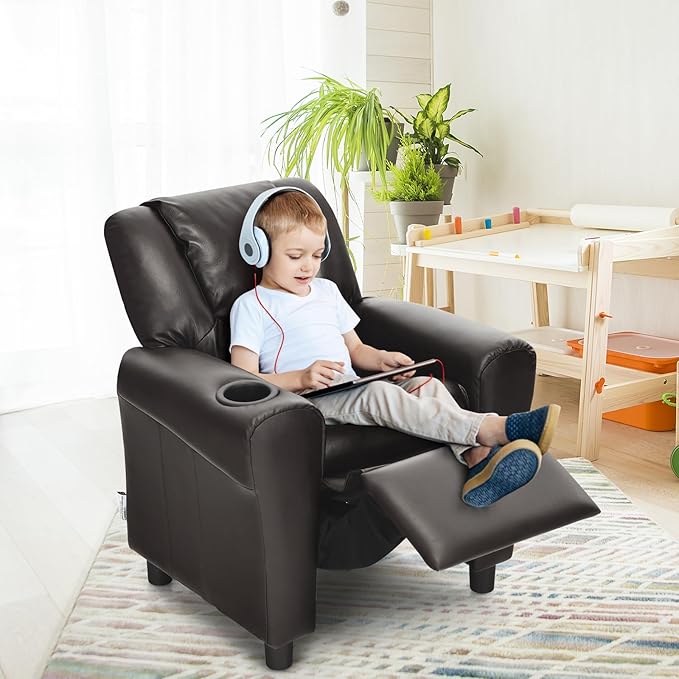 ARLIME Kids Recliner chair, toddler Armchair Upholstered Couch with Cup Holder, Backrest, baby Leather sofa with Headrest and Footrest, Child Furniture for Ages 2-7