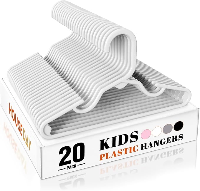 HOUSE DAY Premium Baby Hangers 20 Pack, 11 Inch Kids Plastic Hangers White, Slim Childrens Hangers for Infant, Toddler, and Child Clothes, Durable Baby Clothes Hangers for Closet