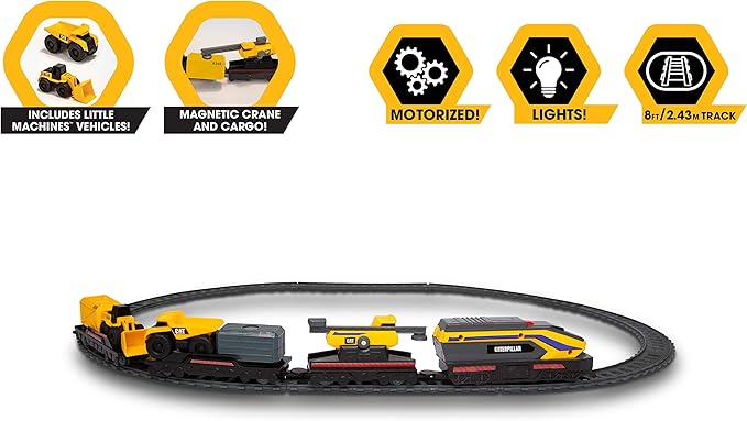 CAT Construction Toys, Little Machines Power Tracks Battery Operated Train Set, Engine with Working Headlight, 3 Rail Cars, Working Crane, 2 Magnetic Cargo Containers, and 2 CAT Trucks for Kids