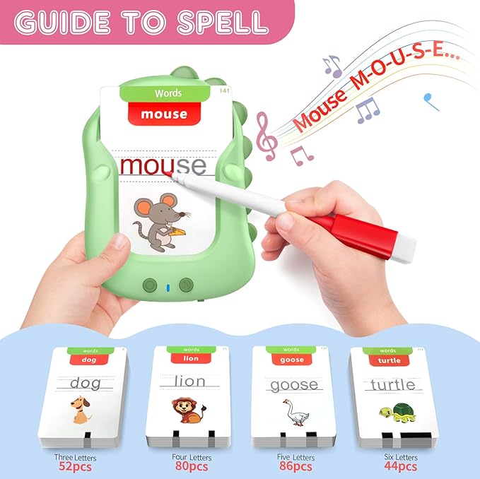 Talking Flash Cards, Reusable Writing Drawing Montessori Toys, Learning Toys for Ages 3-8 Years, 336 Words (Green, Mini-Size)