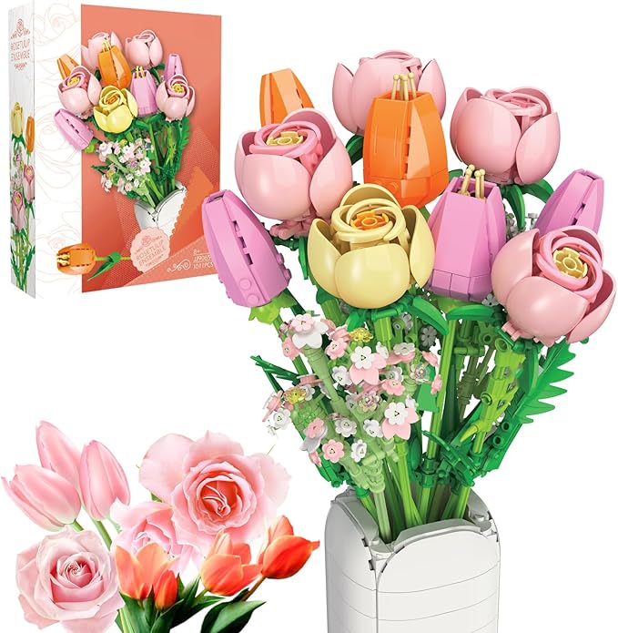 Flowers Bouquet Building Set - Christmas, Mother's Day, Valentine's, or Birthday Gift Ideal for Adult, Women, Girls and Boys, Compatible with Lego Flower, Tulips Toy Building Block with Vase(1011 PCS)