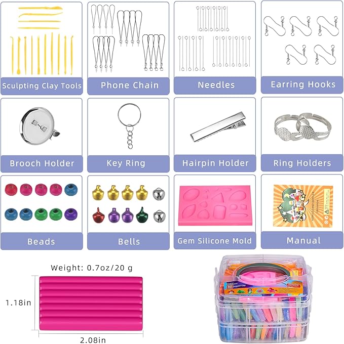 Polymer Clay 50 Colors, Modeling Clay for Kids DIY Starter Kits, Oven Bake Model Clay, Non-Toxic, Non-Sticky, Ideal Gift for Children and Artists.