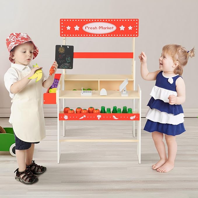 INFANS Grocery Store Marketplace Toy, Wooden Market Stand Pretend Play Set with Chalkboard Cash Register 36 Fruit Veggies Pieces POS Machine Shop Playset Gift for Boys Girls Ages 3+