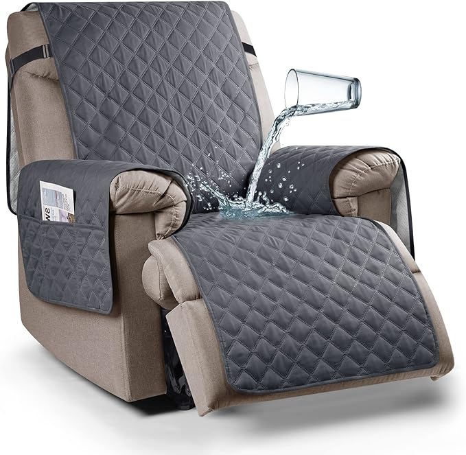 Ruaozz 100% Waterproof Recliner Chair Cover Non-Slip Reclining Cover for Recliner Chair Washable Chair Seat Cover with Elastic Straps for Kids, Dogs, Pets (Dark Grey, 23'')