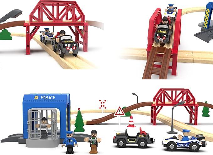 Wooden Train Set for Toddlers, 52Pcs Train Toy with Railway Track for Kids, Wooden Train Tracks Include Expansion Pack Compatible with Thomas, Brio, Chuggington