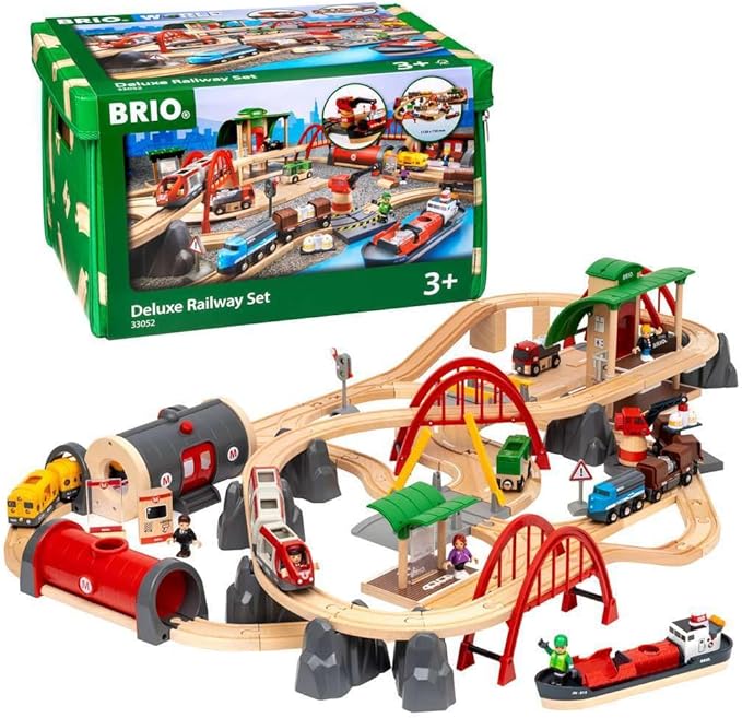 BRIO World 33052 Deluxe Railway Set | Comprehensive Wooden Train Toy Set for Kids Age 3 and Up | FSC Certified Eco-Friendly Toy | Exciting Harbor and Metro Scenes