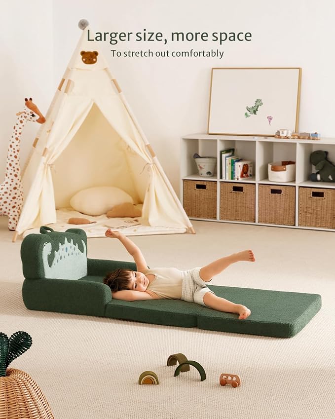 Blissful Diary Kids Couch, 2-in-1 Soft Toddler Couch Fold Out, Toddler Chair Comfy, Convertible Sofa to Lounger with Cute Dinosaur Designs, Dark Green