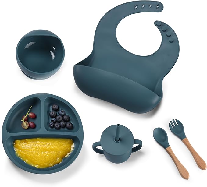 Childlike Behavior Baby Weaning Set of 6 - Dark Blue Baby Silicone Feeding - Self Feeding Baby Wooden Fork and Spoon, Plates, Bibs, Easy to Grip, Dishes and Cups - Eating Learning Essentials