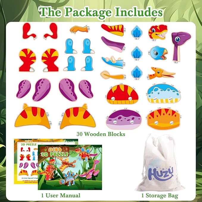 HUZU Dinosaur Building Blocks, Wooden Dino Snap Blocks, Snap Dinosaur Toys for Kids 3-5, 5-8, Fine Motor Skills STEM Kits Educational Learning Building Toys Gifts for Preschool Children