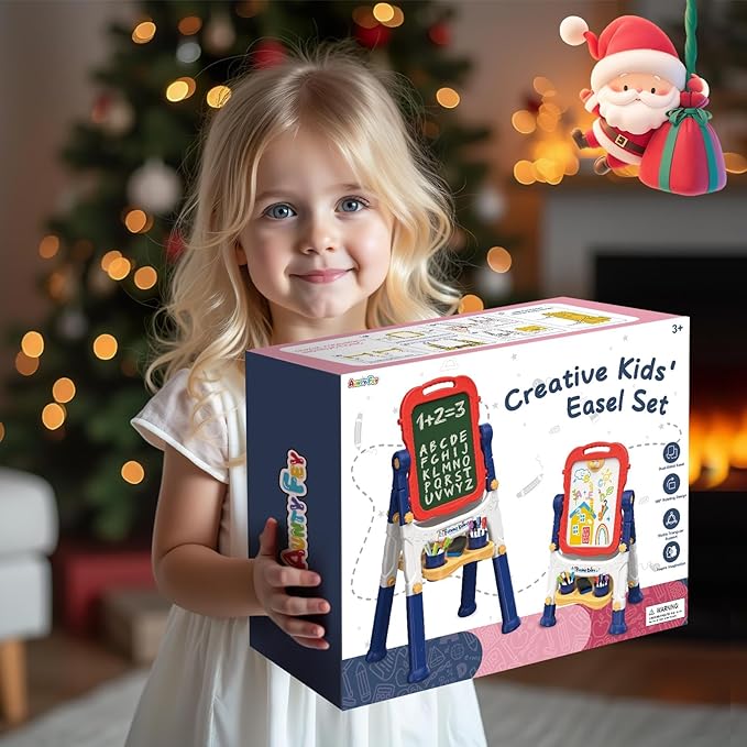 Easel for Kids, Kids Easel, Double-Sided Art Easel for Kid 3-4, Chalk Board Kid, Toddler Easel, White Board Kid, Kids Art Easel, Art Easel for Kids Age 4-8, Christmas Gifts for Kids, Red&Blue