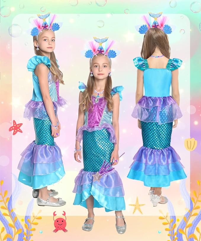 Mermaid Costume Dress, Mermaid Princess Dress for Girls with Wig Headband Necklace for Birthday Party Cosplay