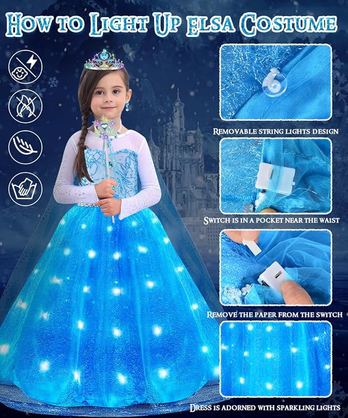 TOLOYE Princess Dresses for Girls, Light Up Elsa Anna Frozen Dress Up with Accessories for Birthday Halloween Carnival