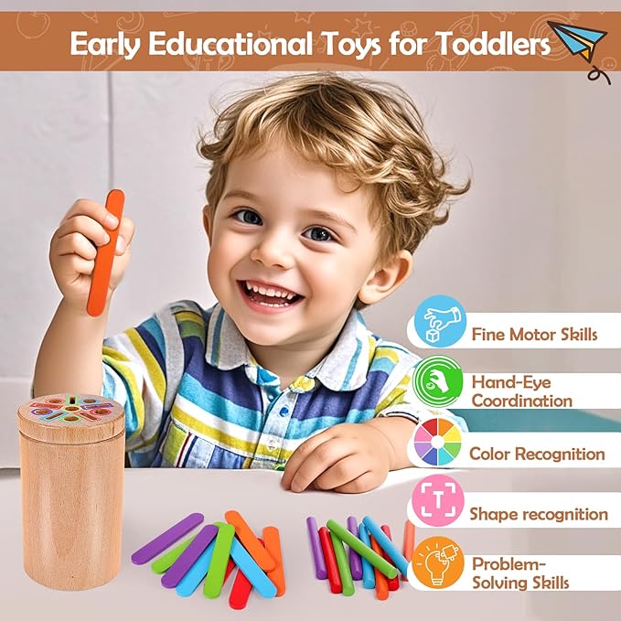 Mity rain Montessori Toys for 1 2 3+ Year Old, 3 in 1 Wooden Color Sorting Toys for Toddlers 1-3, Fine Motor Skills Educational Sensory Toys for Baby Kids