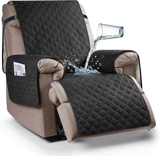 Ruaozz 100% Waterproof Recliner Chair Cover Non-Slip Oversized Reclining Cover for Large Recliner Chair Washable Chair Seat Cover with Elastic Straps for Kids, Dogs, Pets (Black, 28'')