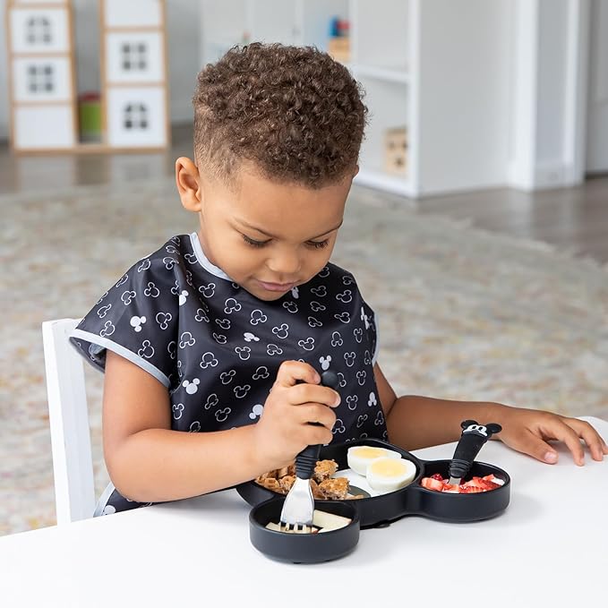 Bumkins Disney Toddler Utensils, Kids Size Fork and Spoon Set, Silicone and Stainless-Steel Training Silverware, Fork / Spork for Self-Feeding, Children Learning to Eat, 18 Mos Up, Mickey Mouse