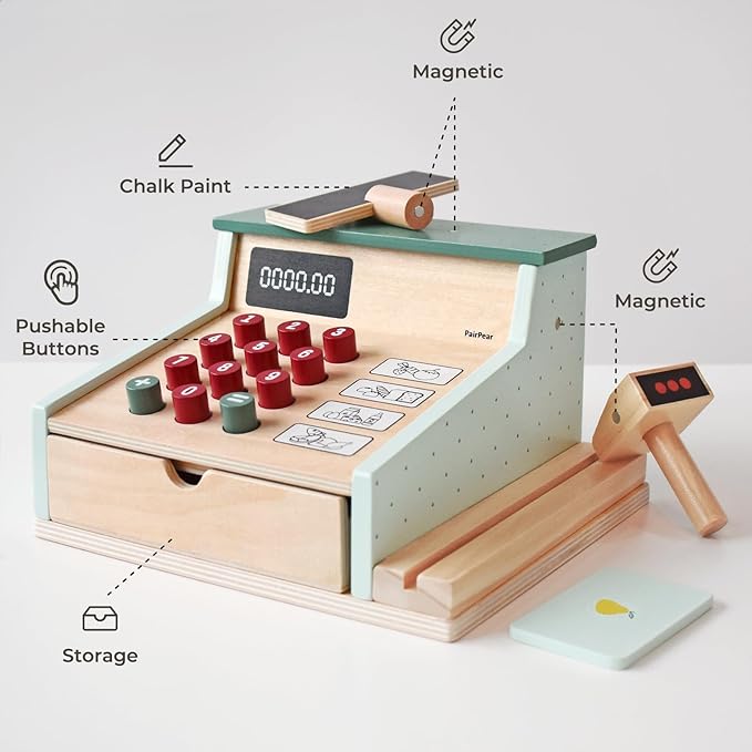 PairPear Wooden Toy Cash Register,Kids Pretend Play Money Counting Toys with Scanner and Credit Card,Toddler Cashier Toy Grocery Play Food Accessory for Pre-School Gift Boys Girls 3+