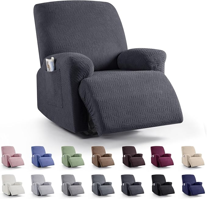 KinCam Recliner Covers, Stretch Reclining Chair Covers, Recliner Sofa Slipcovers Stripe Jacquard Recliner Couch Covers Furniture Protector Covers for Pet Kid (1 Seater, Deep Gray)