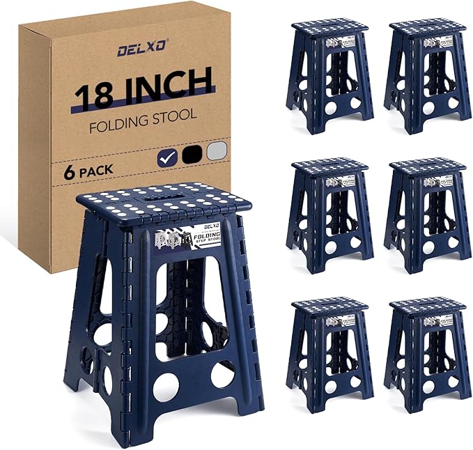 Delxo Folding Step Stool,18 Inch Foldable Step Stools for Kids & Adults,Portable Collapsible Step Stool with Handle, Lightweight Plastic Folding Stool for Kitchen Bathroom,Bedroom (Blue 6 Packs)
