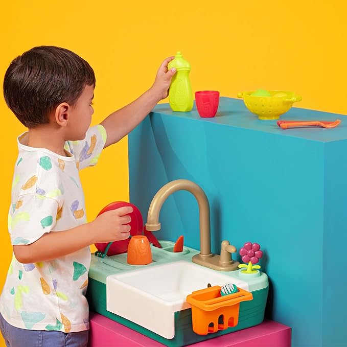 B. toys- Splash-n-Scrub Sink- Pretend Play Color Changing Playset – Toy Kitchen Sink – Faucet & Running Water, Dishes, Play Food- 3 Years + (15 Pcs)