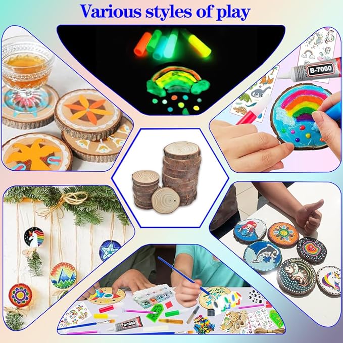 Quimoy 24 Pcs Wooden Painting Kit-Glow in The Dark, Valentines Day Gifts for Kids Classroom, Ornament Making Kit for Kids, Painting Kits for Kids Ages 4-8, Valentines Party Exchange Gifts for Boy Girl