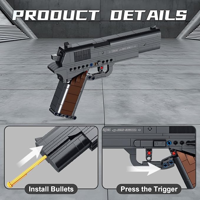 Finger Rock M1911 Pistol Model Guns Building Blocks Toy Set, DIY Simulation Handheld Gun Mechanical Model Kits, 333 pcs Collectible Construction Shootable Sniper Toys Gifts for Teens Boys Aged 14+