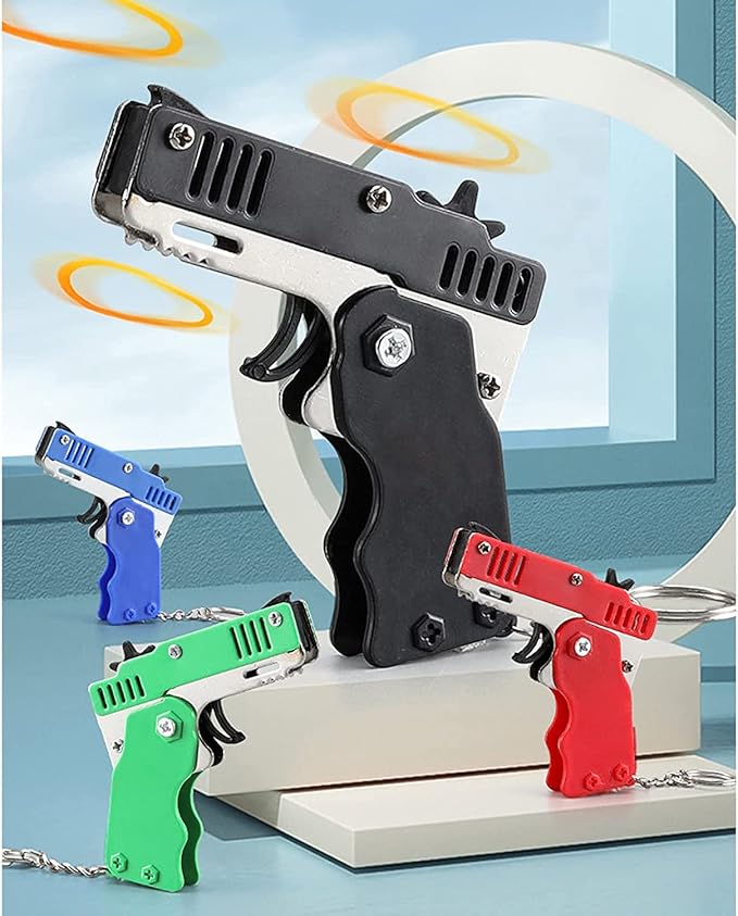 Kids Toys Cool Keychain Rubber Band Launcher Toy 4pcs Mini Metal Folding Rubber Launcher Toy with 240 Elastic Rubber Bands for Game Outdoor Activities (4 Colors)