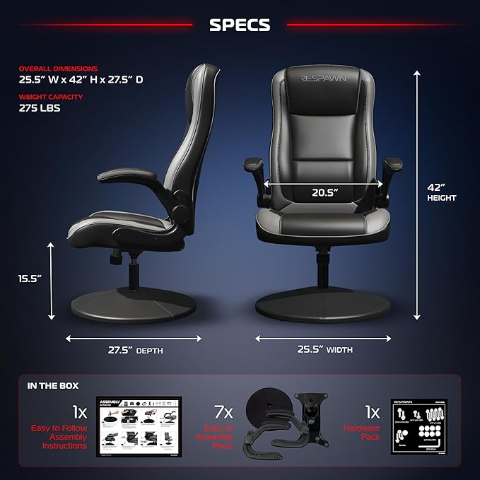 RESPAWN 800 Gaming Chair Floor, Swivel Rocker Gaming Chair, High Back Ergonomic Floor Gaming Chair for Kids and Adults, Gaming Recliner, Floor Rocker Chair with Armrests - Grey