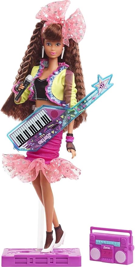 Barbie Rewind 80s Edition Dolls’ Night Out Doll, Brunette in Party Look Featuring Neon Jacket, Skirt & Accessories with Cassette Tape Doll Stand