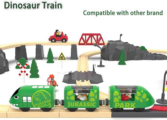 Toy Train Set for Wooden Tracks, Battery Operated Train for Toddlers, Motorized Train with Dinosaur Train for Kids, Electric Train Toy Compatible with Thomas & Friends, Brio