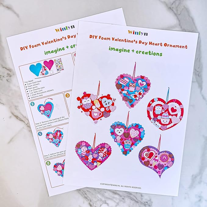 Winlyn 24 Sets Valentine's Day Heart Ornaments Decorations DIY Heart Ornaments Valentine Craft Kits Assorted Foam Heart Shape Stickers Googly Eyes for Kids Classroom Activity Gift Exchange Art Project