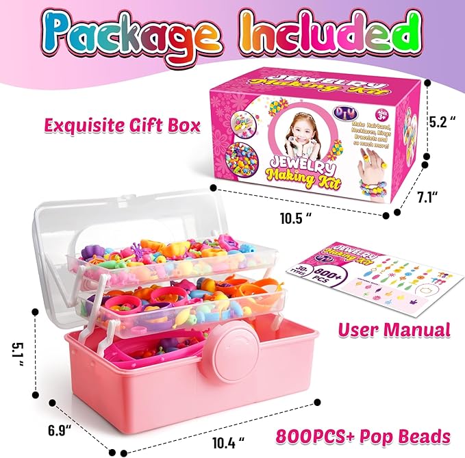 FUNZBO 850pcs Pop Beads - Jewelry Making Kit for 3 4 5 6 7 8 Year Old Little Girls, Arts and Crafts Toys for Kids, Necklace Bracelet Ring Hairband Creativity Snap Set Valentine Easter Birthday Gifts