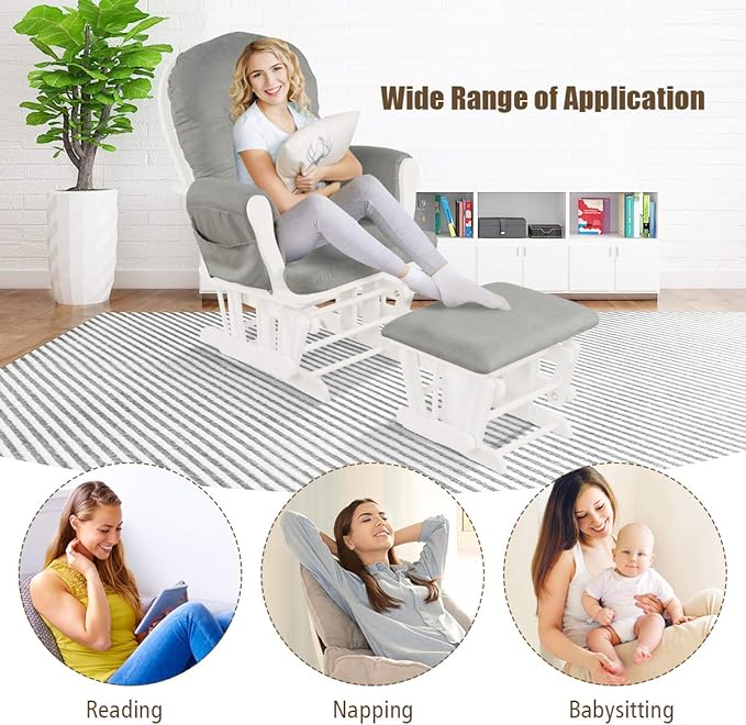 Costzon Nursery Glider with Ottoman, Upholstered Comfort Glider Rocker with Padded Cushion, Storage Pocket, Solid Wood Base, Rocking Chair Nursery for Breastfeeding, Maternity, Napping (Light Gray)