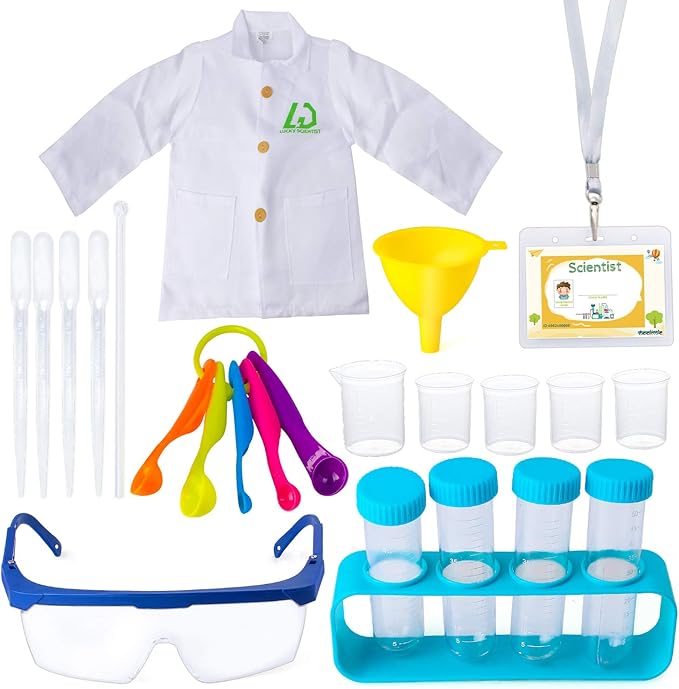 Beelittle Kids Scientist Lab Coat Costume Dress Up with Goggles ID Card Science Experiment Set for Age 3-10