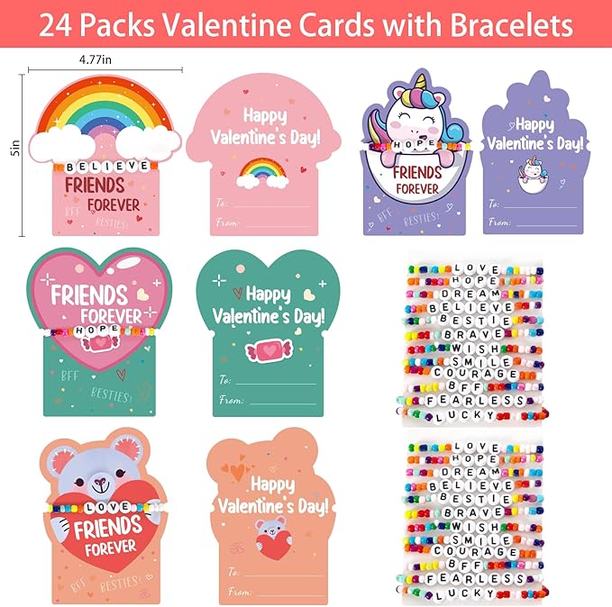 DAZONGE Valentines Day Gifts for Kids, Pack of 24 Friends Forever Valentines Cards with Friendship Bead Bracelets for Classroom Prizes, Exchange Gift, Valentine’s Day Cards for Kids School