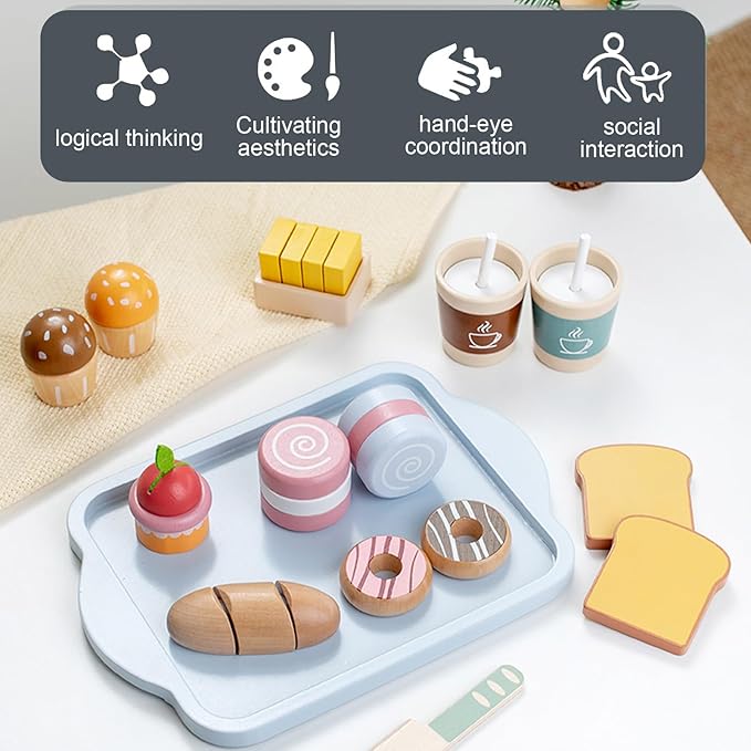 Breakfast Group Series Kitchen Toys, Wooden Pretend Kitchen for Kids to Play Food Games, Kitchen playset for Toddlers 3-5, Cooking Toy Sets for Boys and Girls