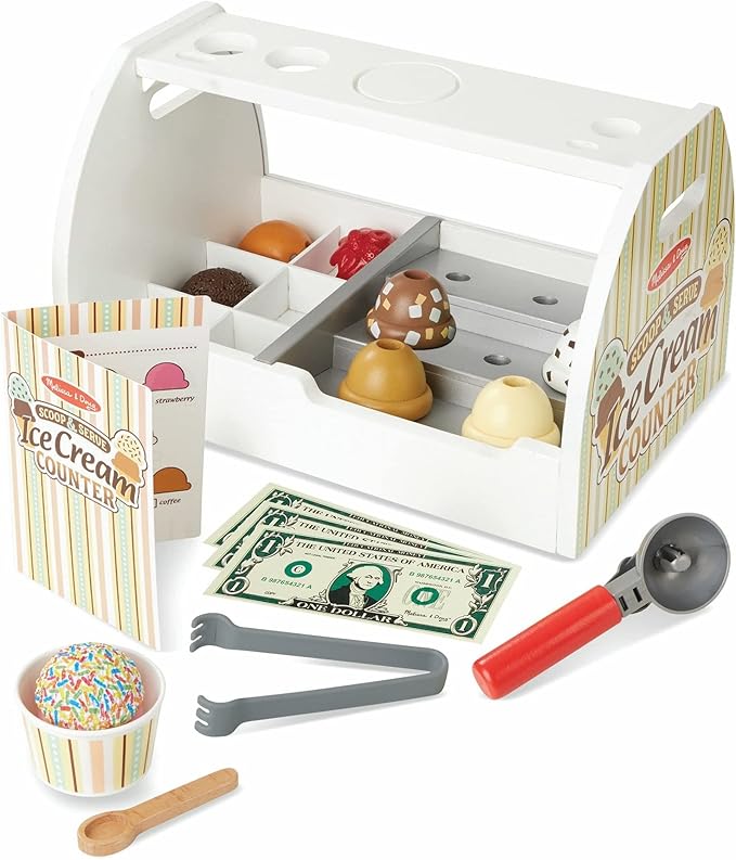 Melissa & Doug Wooden Scoop and Serve Ice Cream Counter (28 pcs) - Play Food and Accessories