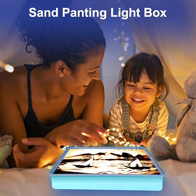 Kids Light Table Sand Painting Light Box Sand Drawing Toys Drawing Art Kits with Adjustable LED Lights in 7 Colors Sand Table (Blue)