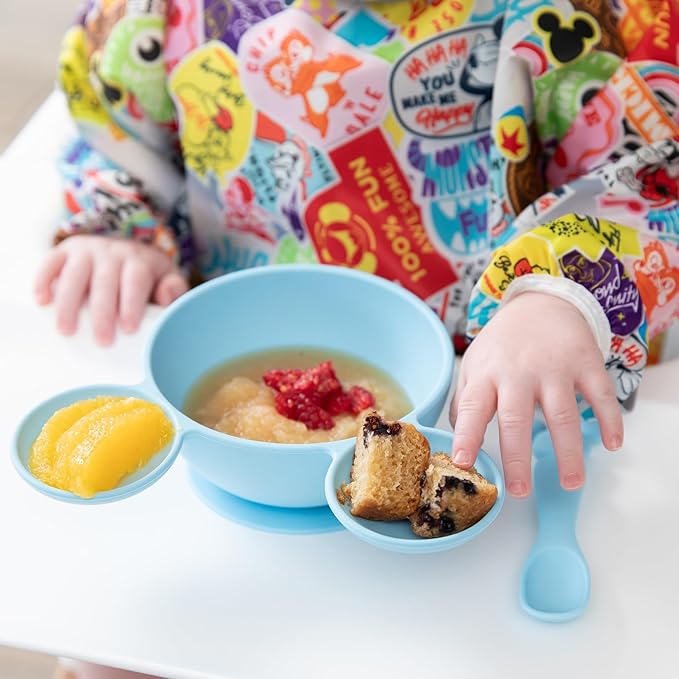 Bumkins Disney Baby Bowl, Silicone Feeding Set with Suction for Baby and Toddler, Includes Spoon and Lid, Essentials for Baby Led Weaning,for Babies 4 Months, Mickey Mouse Light Blue