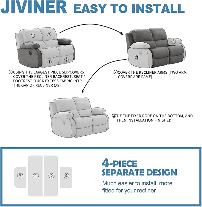JIVINER 4 Pieces Recliner Loveseat Covers Stretch Recliner Sofa Slipcover with Elastic Bottom Jacquard Fitted Reclining Couch Cover Furniture Protector with Pockets (2 Seater, Dark Grey)