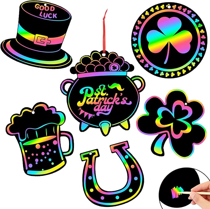 JULMELON 36 PCS St Patricks Day Scratch Art for Kids, St. Patrick’s Day Crafts for Kids Rainbow Color Magic Scratch Paper Cards Shamrock Hanging Ornaments DIY Crafts Decorations Party Favors