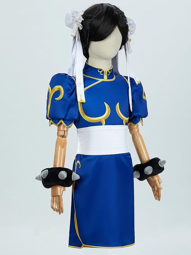 Street Fighter Officially Licensed Girl’s Chun Li Cosplay Costume Cheongsam for Age 3+,Socks, Bracelets, Hair ties