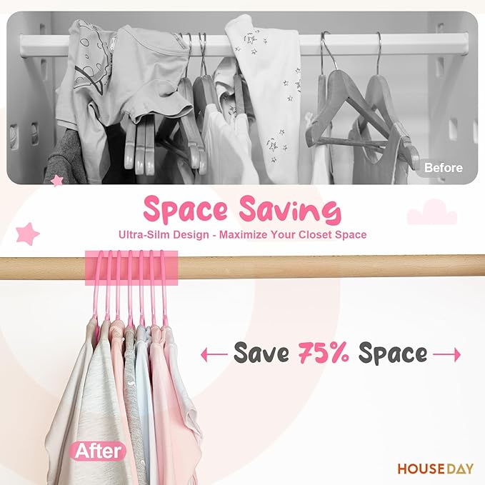 HOUSE DAY Premium Baby Hangers 60 Pack, 11 Inch Kids Plastic Hangers Pink, Slim Childrens Hangers for Infant, Toddler, and Child Clothes, Durable Baby Clothes Hangers for Closet