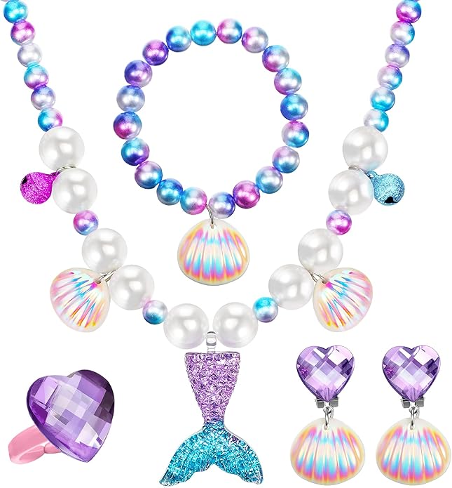 Jadive Mermaid Jewelry for Girls, Kids Mermaid Necklace Bracelet Ring Earrings Set Jewelry Gifts for Kids Toddler Pretend Play Christmas Dress up Party Decorations