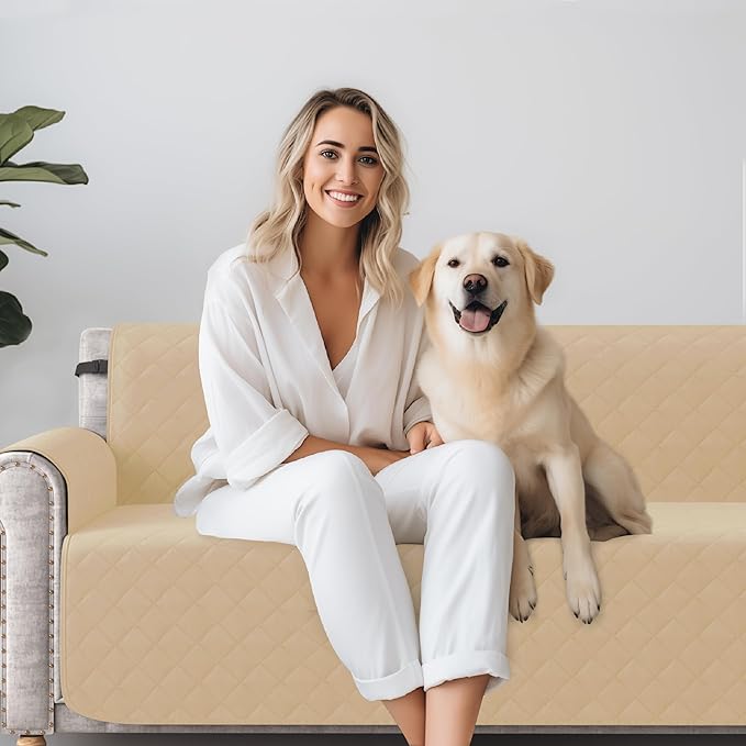 CHUN YI Oversized Couch Cover, Water Resistant Sofa Cover Slipcover for 4 Cushion Sofa, Washable with Adjustable Strap Storage Pocket for Living Room Dog Pet (Oversized Sofa, Sand)