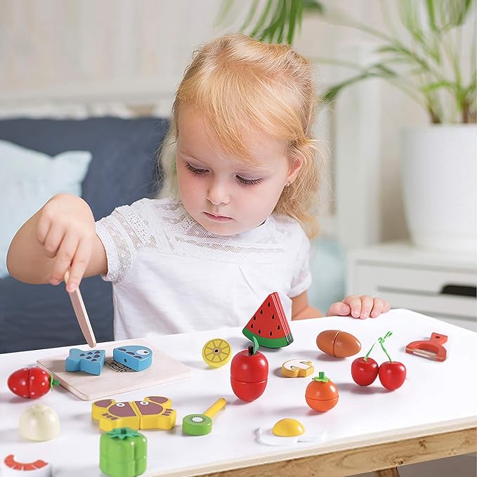 iPlay, iLearn Wooden Pretend Play Food, Cutting Cooking Set W/Chopping Board, Kitchen Vegetables Fruit Magnetic Toy, Early Learning Educational Gifts for 3, 4, 5, 6 Year Old Kids, Toddler, Boy, Girl