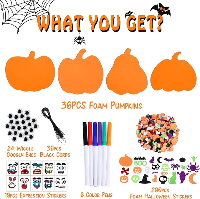 Max Fun 312PCS Halloween Pumpkin Foam Stickers, Halloween Craft Kit for Kids Bulk Glitter Set DIY Self-Adhesive Halloween Decoration