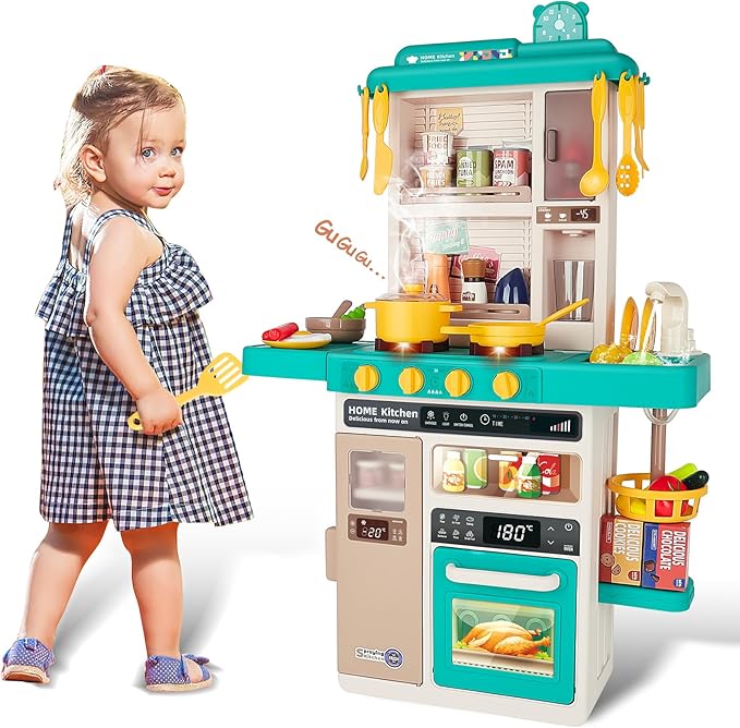 deAO Play Kitchen Set for Kids Boys 50PCS Play Kitchen Accessories with Sounds Light Steam Pretend Play Kitchen Toy Birthady Christams Gifts for Toddler Aged 2-12 Years