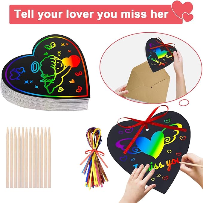 Cute Valentines Day Cards Kids Gifts - Arts Crafts Scratch Doodle Heart Paper, Birthday Party Favor Gift Idea for Boys Girls, Christmas Stocking Stuffers DIY Present for Child, Easter Gifts for Kids