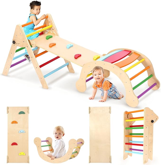 YOLEO 7-in-1 Pikler Triangle Set, Large Wooden Climbing Toys for Toddlers 1-3 Inside, Montessori Fun Toddler Climbing Toys Indoor Playground and Jungle Gyms Playset,Easy-Fold Pikler Triangle (Rainbow)